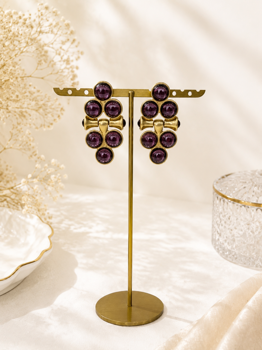 Purple vintage-inspired gold-tone glass grape cluster stud earrings