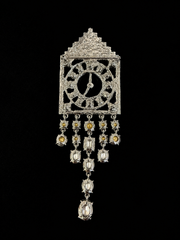 Shimmering silver-tone crystal-style clock statement brooch back view with pin closure