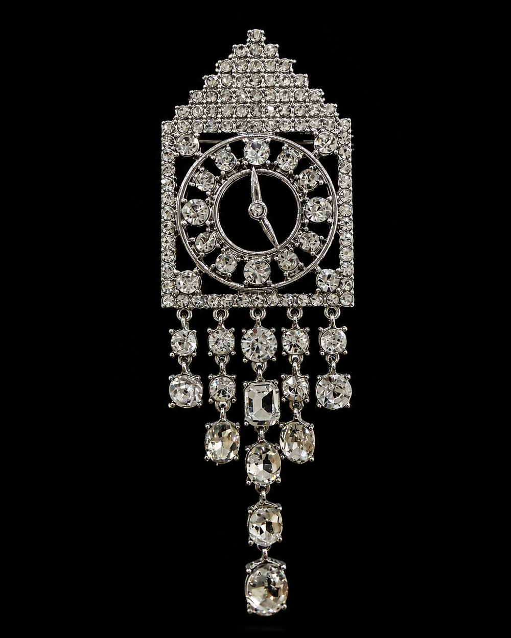 Shimmering silver-tone crystal-style clock statement brooch front view with dangling accents