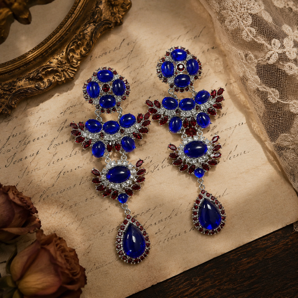 Silver-tone blue and red stone-style clip-on earrings