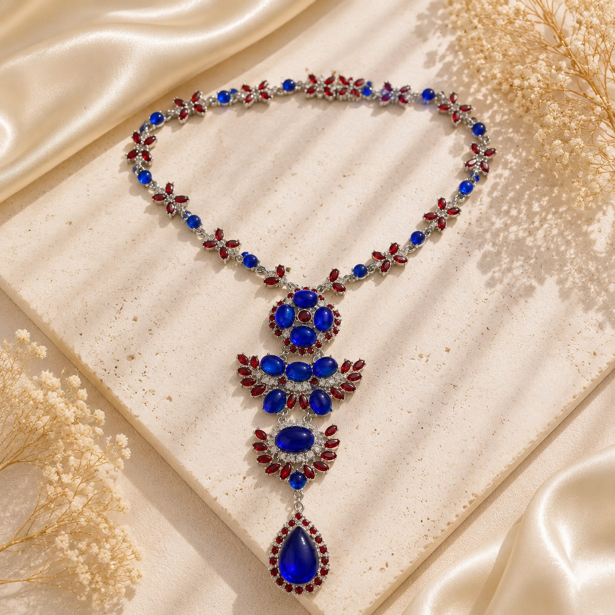 Silver-tone blue and red stone-style statement necklace