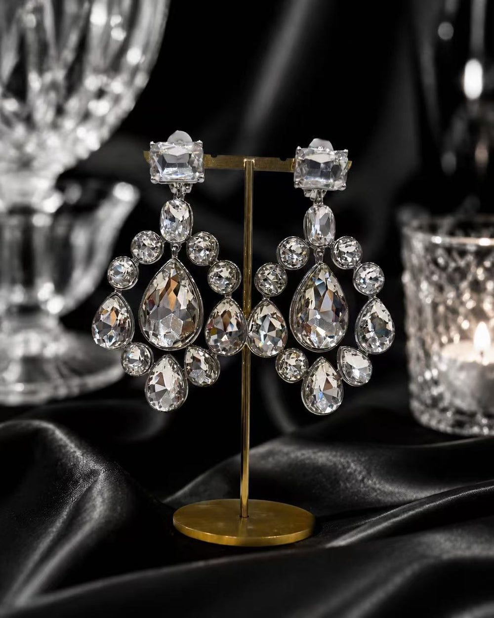 Silver-tone clear crystal-style chandelier clip-on earrings front view