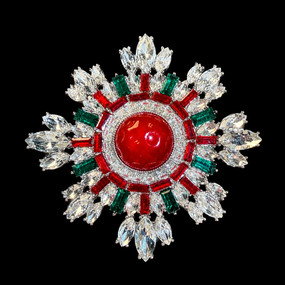 Silver-tone red cabochon-style crystal brooch pendant front view
