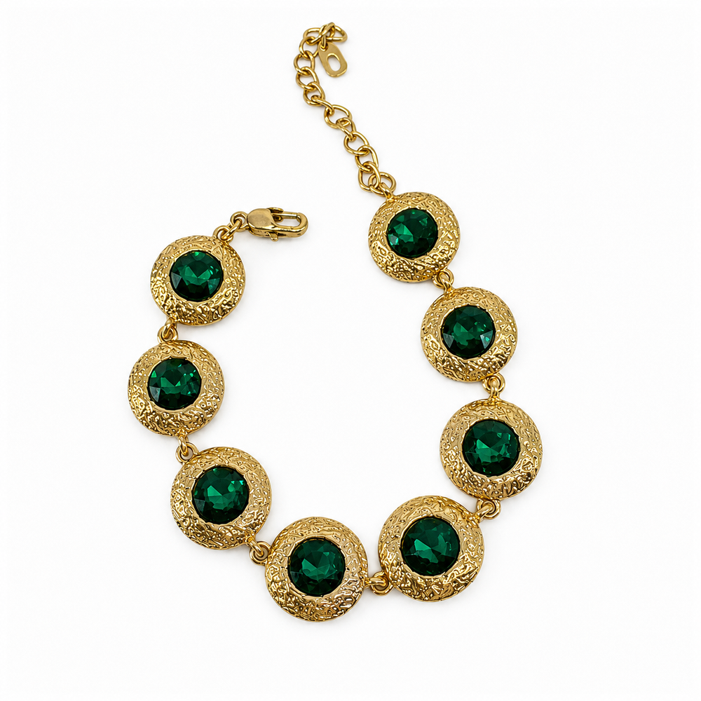 Gold-tone round-link bracelet with green accents