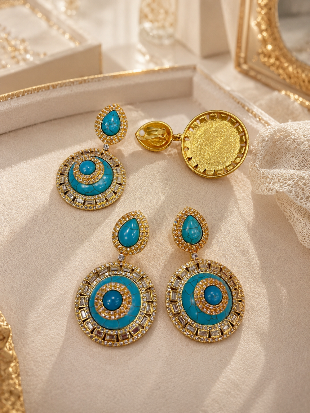 Turquoise-style round accent earrings with crystal-style details, including stud and clip-on backs