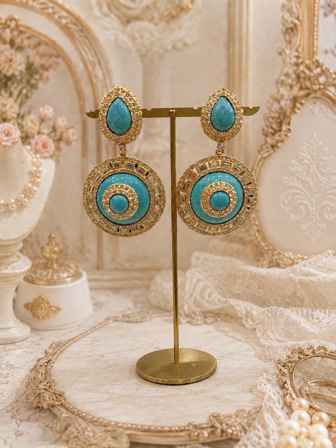 Front view of turquoise-style round accent statement earrings