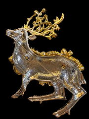 Two-tone crystal-style deer statement brooch back view with pin closure