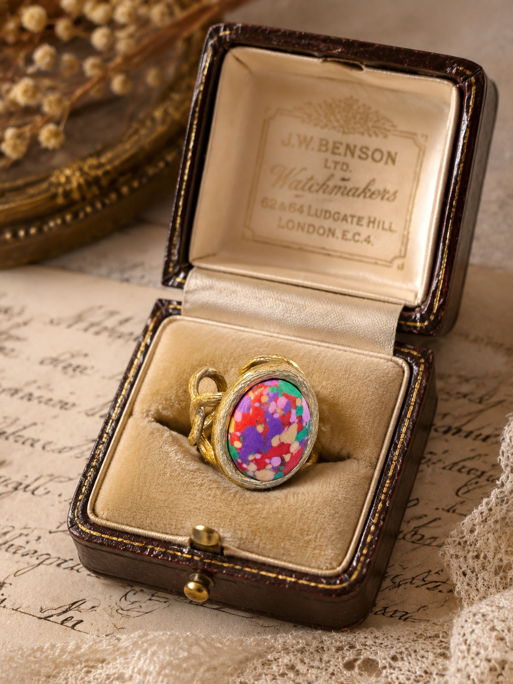 Two-tone multicolor opal-style adjustable open ring front view