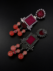 Front and back view of burgundy and pink beaded drop stud earrings