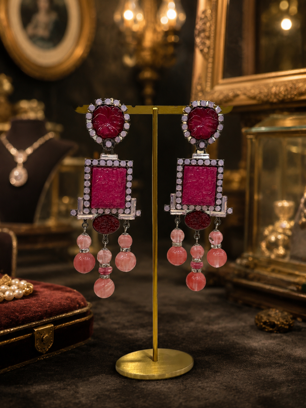 Burgundy and pink beaded drop statement stud earrings
