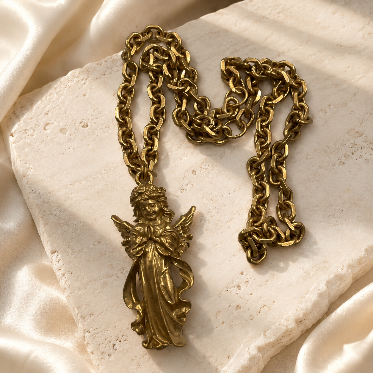 Vintage-inspired angel pendant necklace laid flat