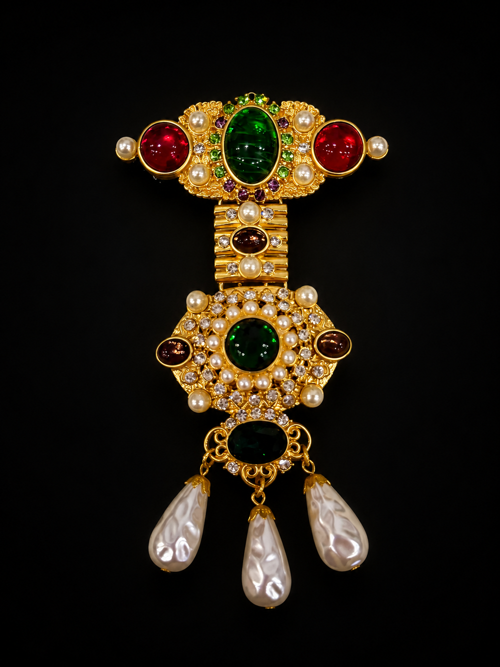 Vintage-inspired multicolor gold-tone statement brooch with pearl-style drops on black
