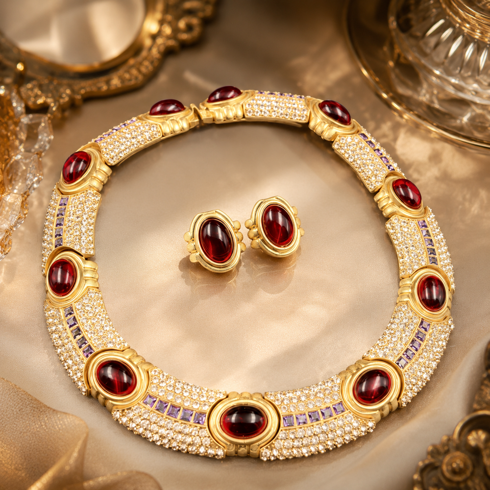 Red glass necklace and stud earrings set with gold-tone and stone-style accents