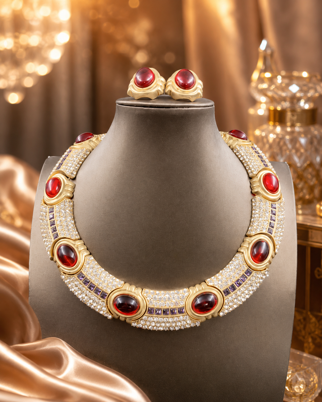 Red glass necklace and stud earrings set displayed on a jewelry stand