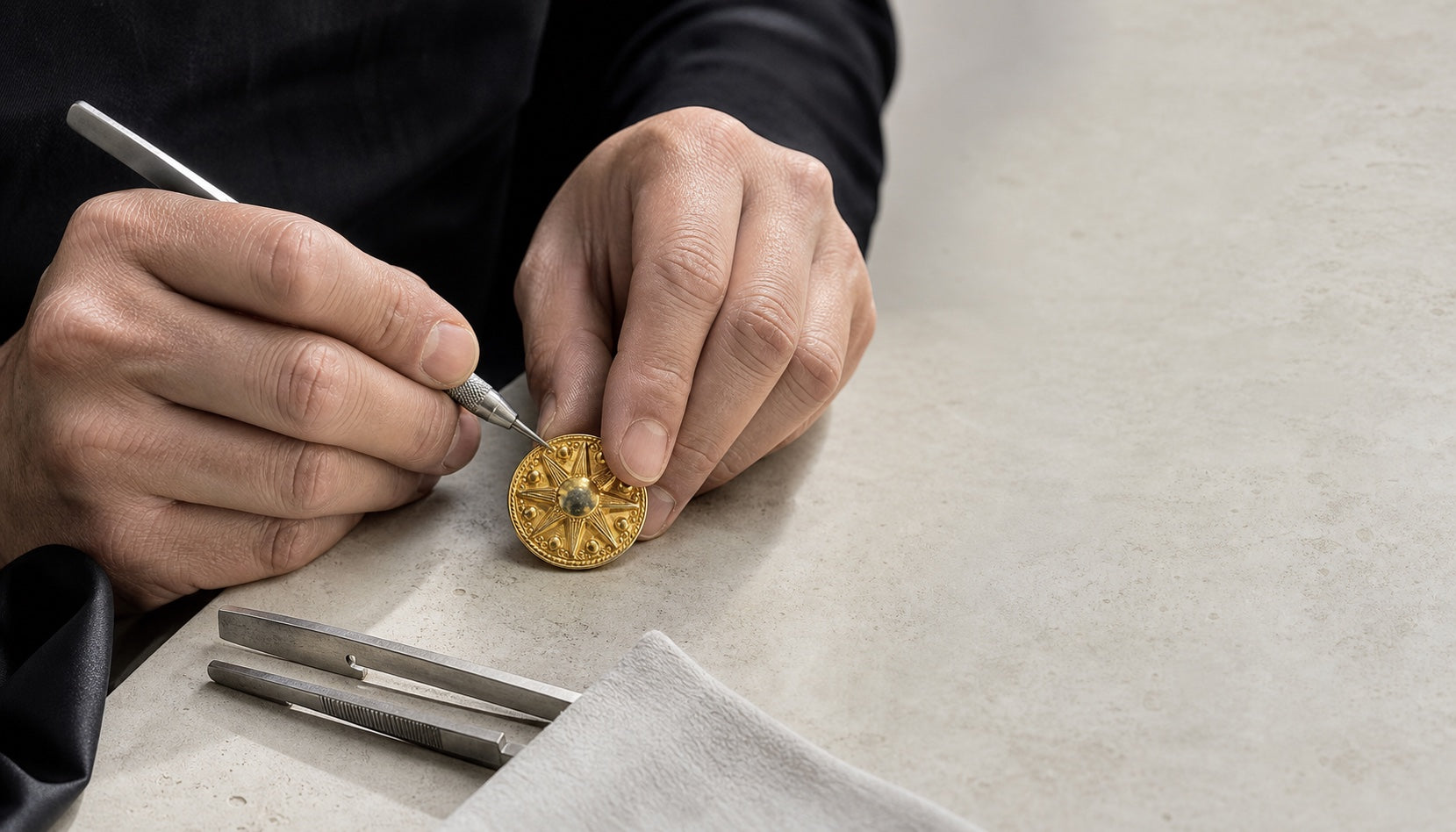 Artisan finishing a round gold-tone sun-stud motif at a jewelry workbench