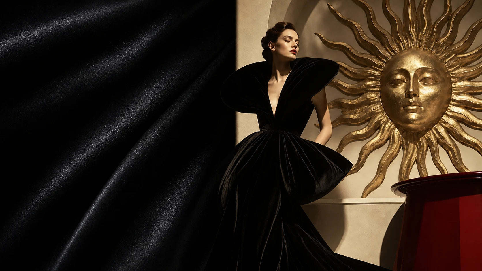 Rustic Jewel Co campaign with a black sculptural gown and monumental gold sun form