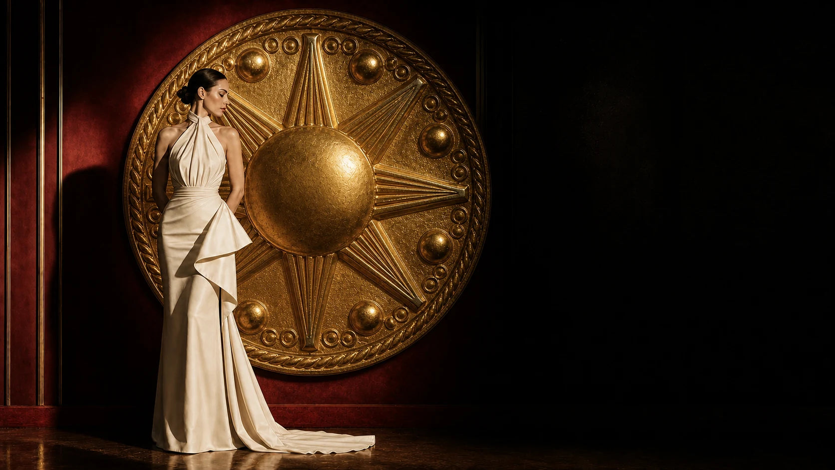 Rustic Jewel Co wholesale campaign with an ivory gown and round gold statement motif