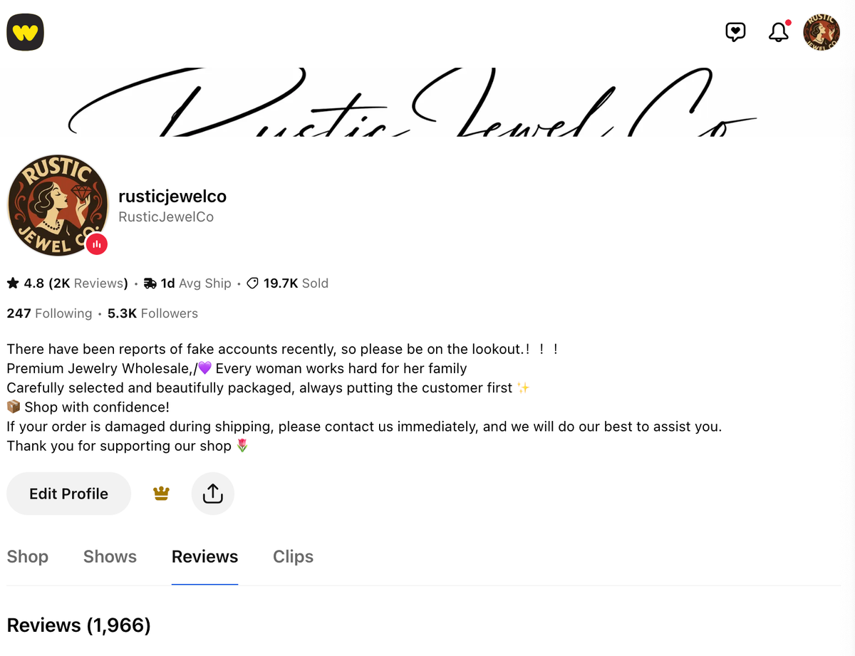 Rustic Jewel Co Whatnot profile showing rating, reviews, sold count, shipping time, and followers
